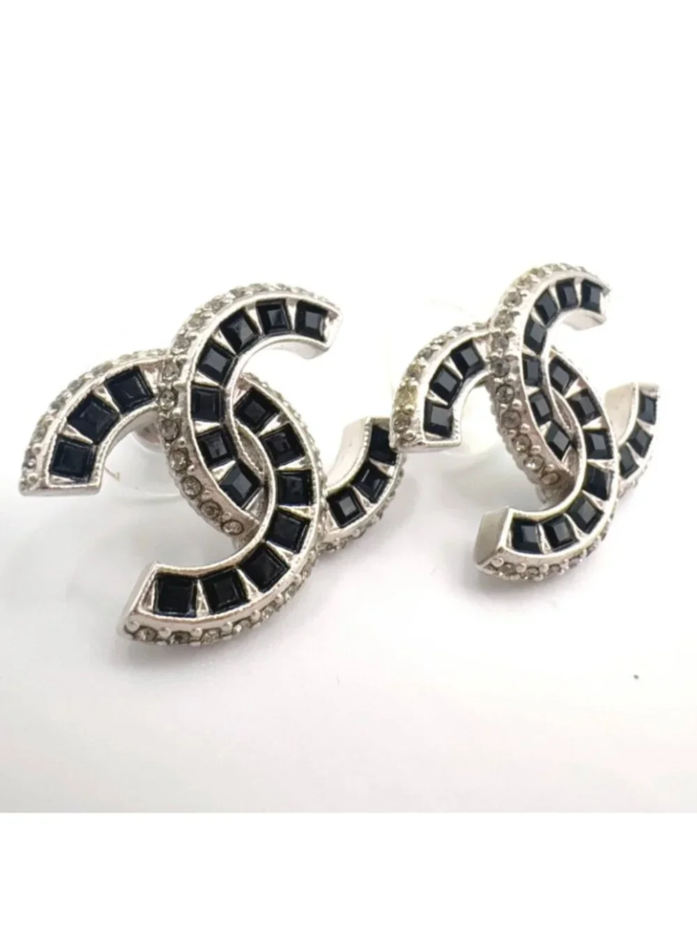 Chanel CC Logo Metal Rhinestone Color Stone Silver Black Earrings